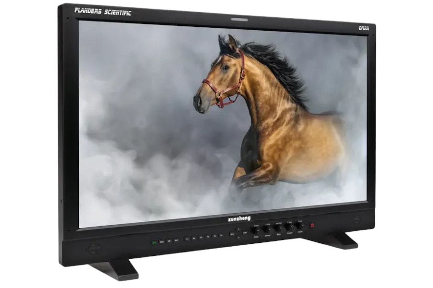 A black monitor with a small stand, a horse is shown on the display