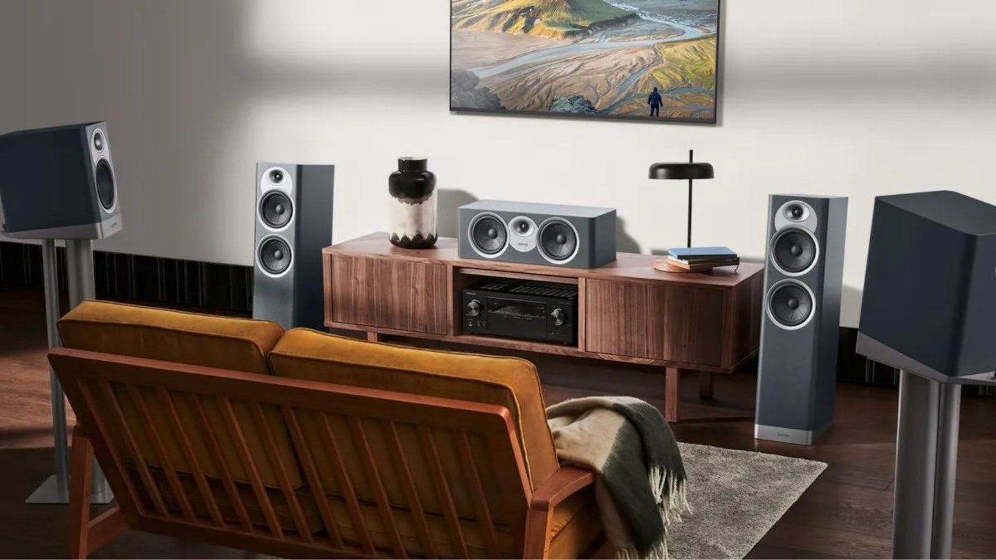 An elaborate speaker setup for a home theatre