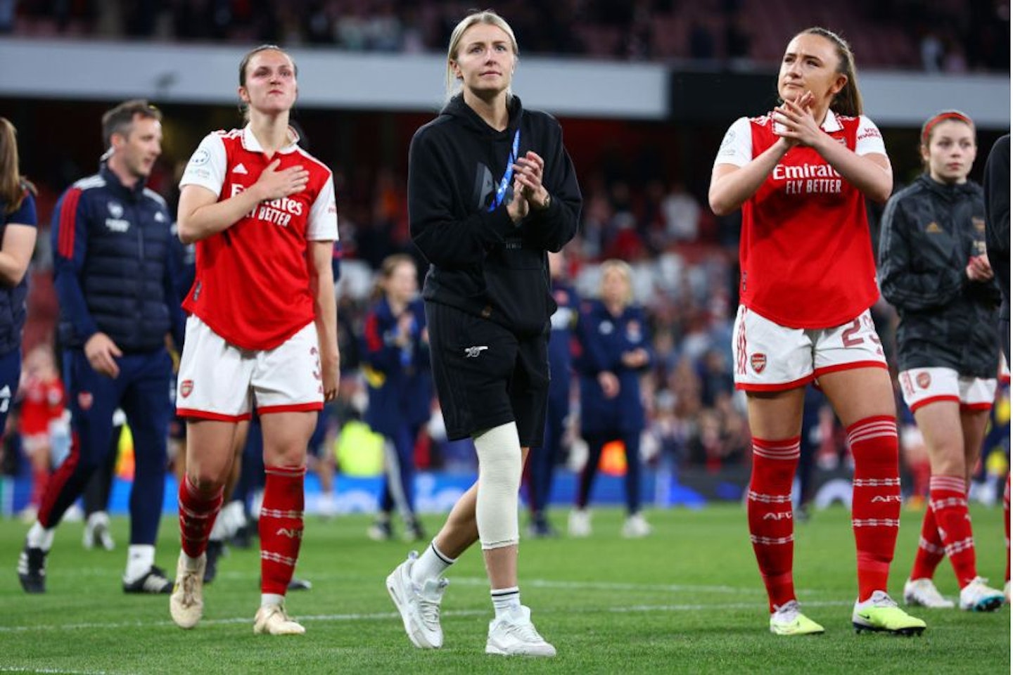 England captain Leah Williamson on the pitch alongside fellow players