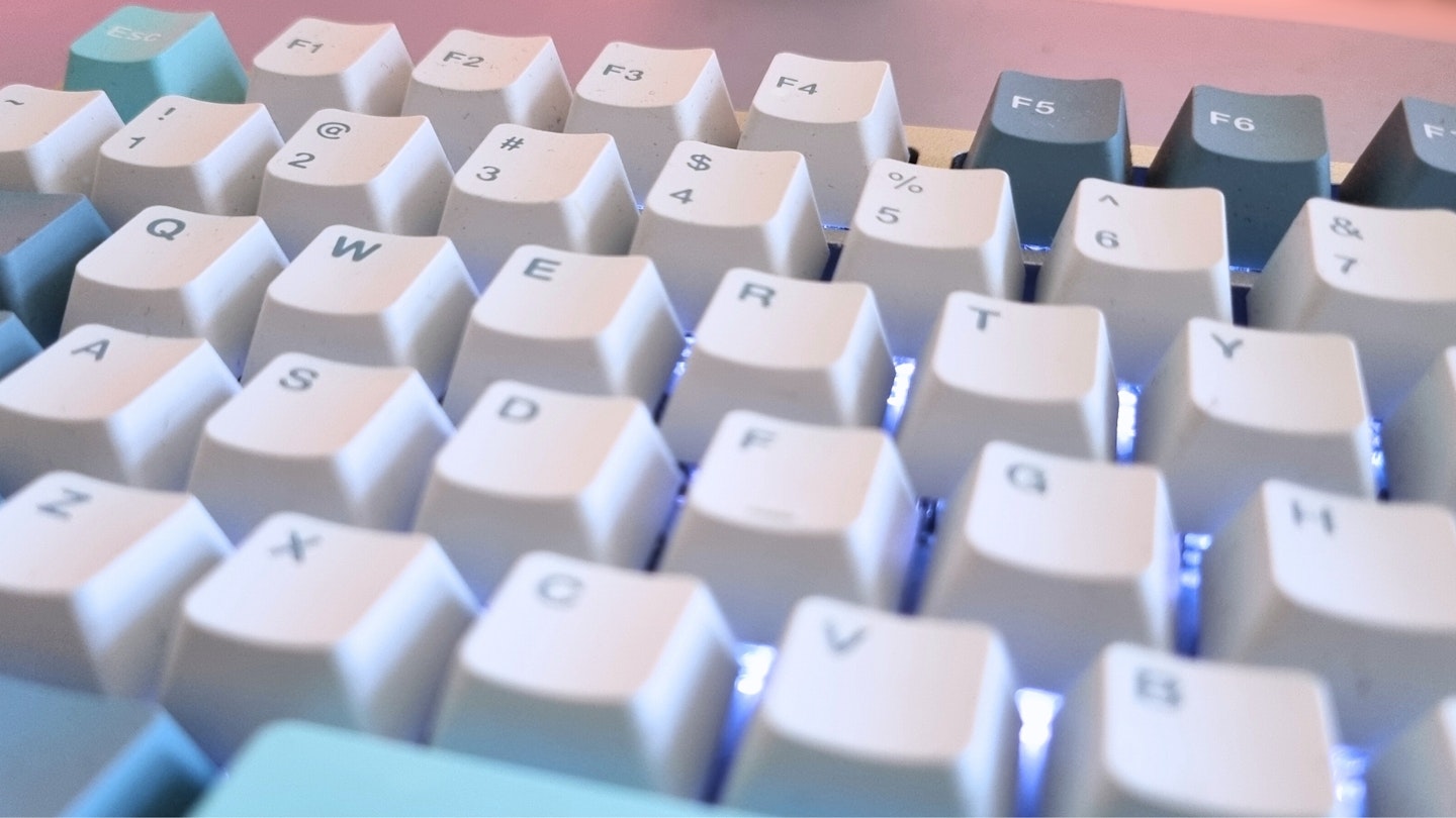 A blue and white mechanical keyboard