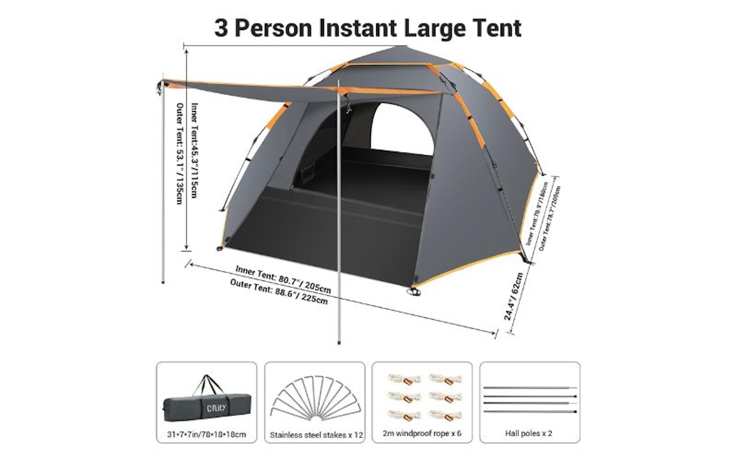 Cflity Camping Tent 3 Man Pop Up Large Dome Tent 