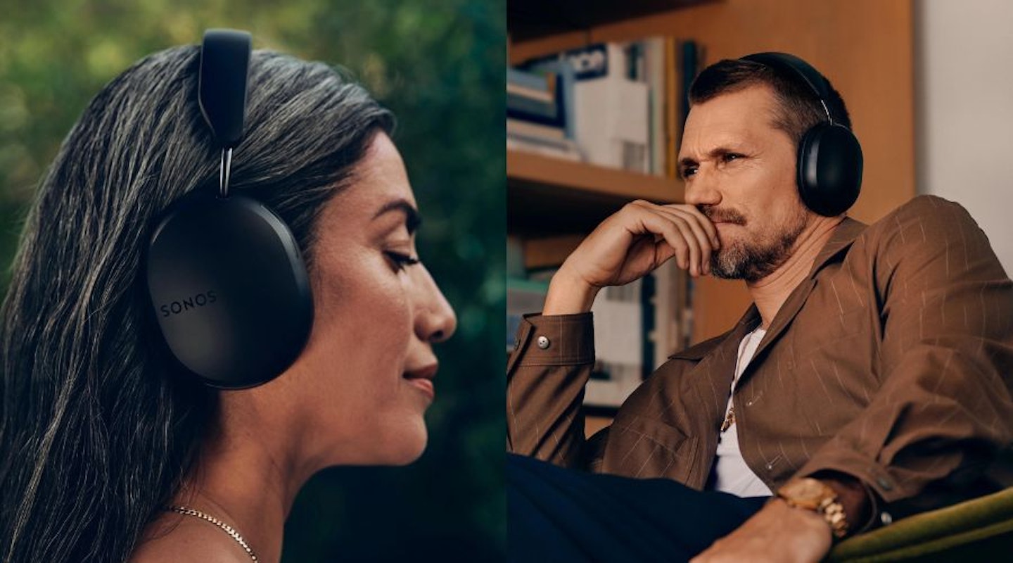 Woman and Man wearing a pair of Sonos Ace Wireless Noise Cancelling Headphones