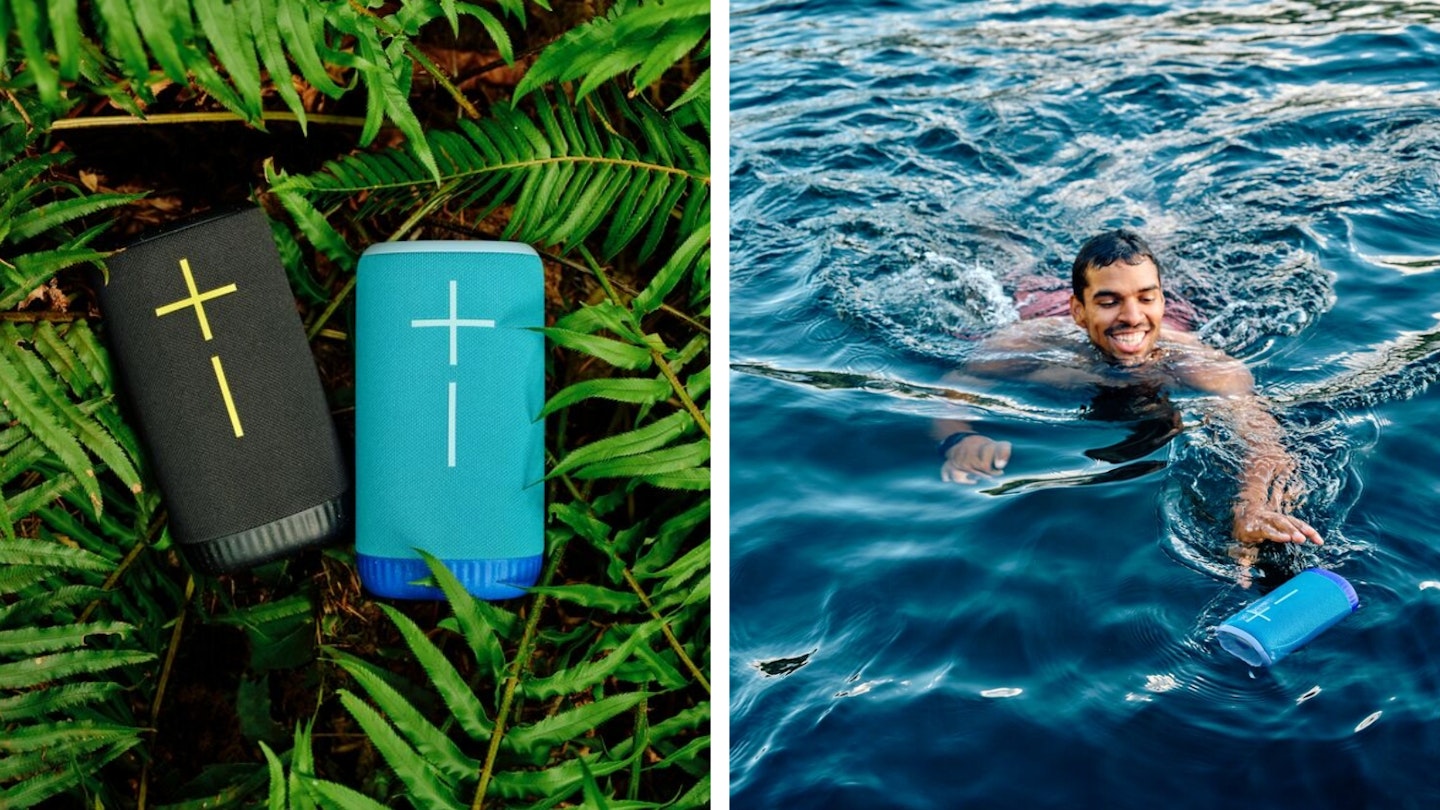 Ultimate-Ears-Everboom-black-and-blue-models-on-greenery-and-in-water-with-man-swimming