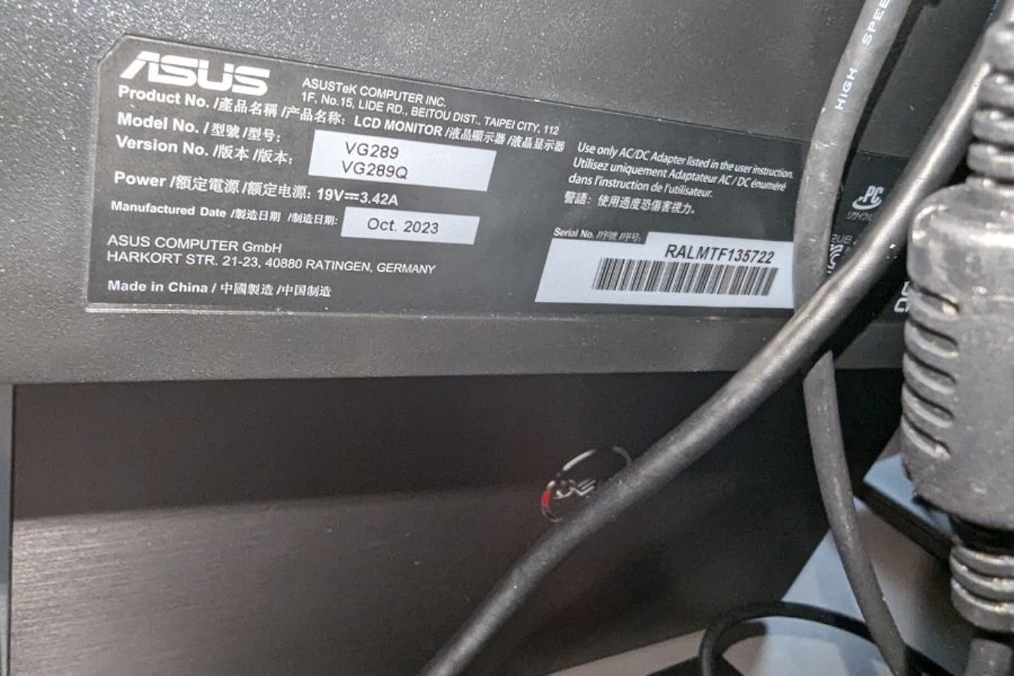 ASUS TUF VG289Q Monitor Back