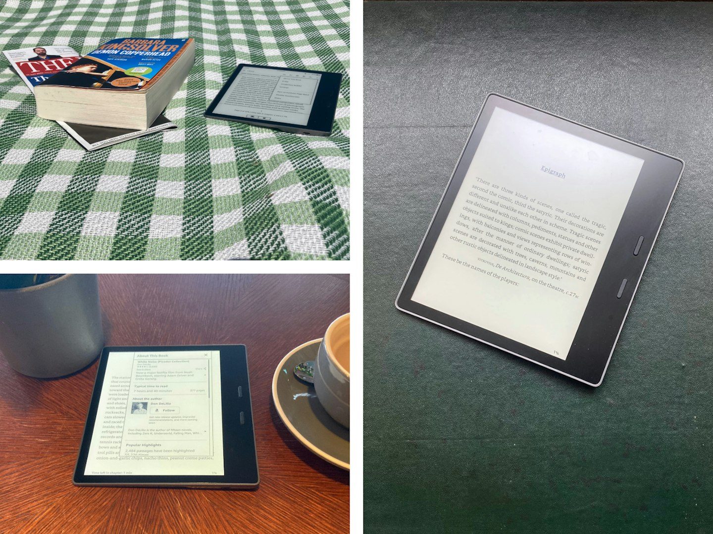 Kindle Oasis ereader with magazine and book on picnic blanket, and on table with coffee cup