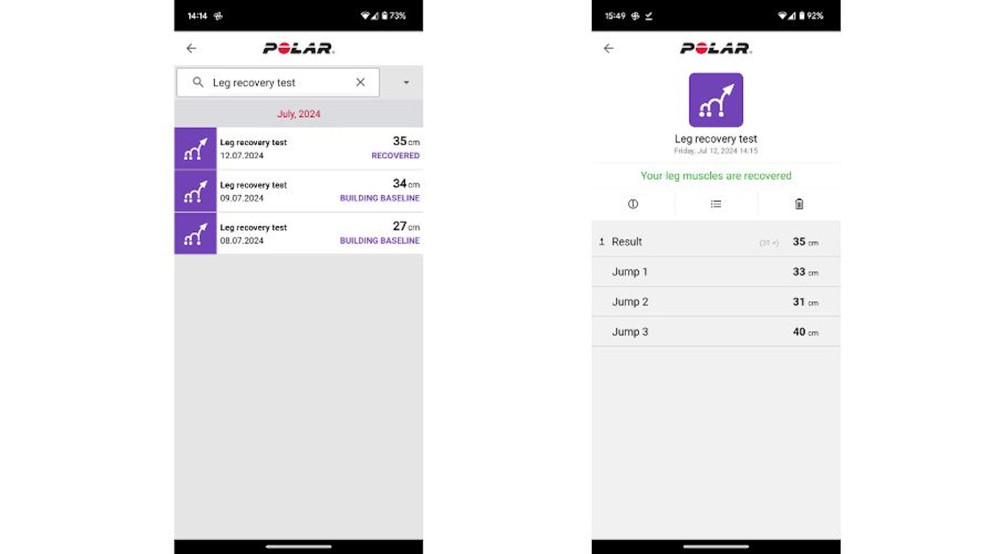 Polar Vantage V2 leg test data from Polar Flow app