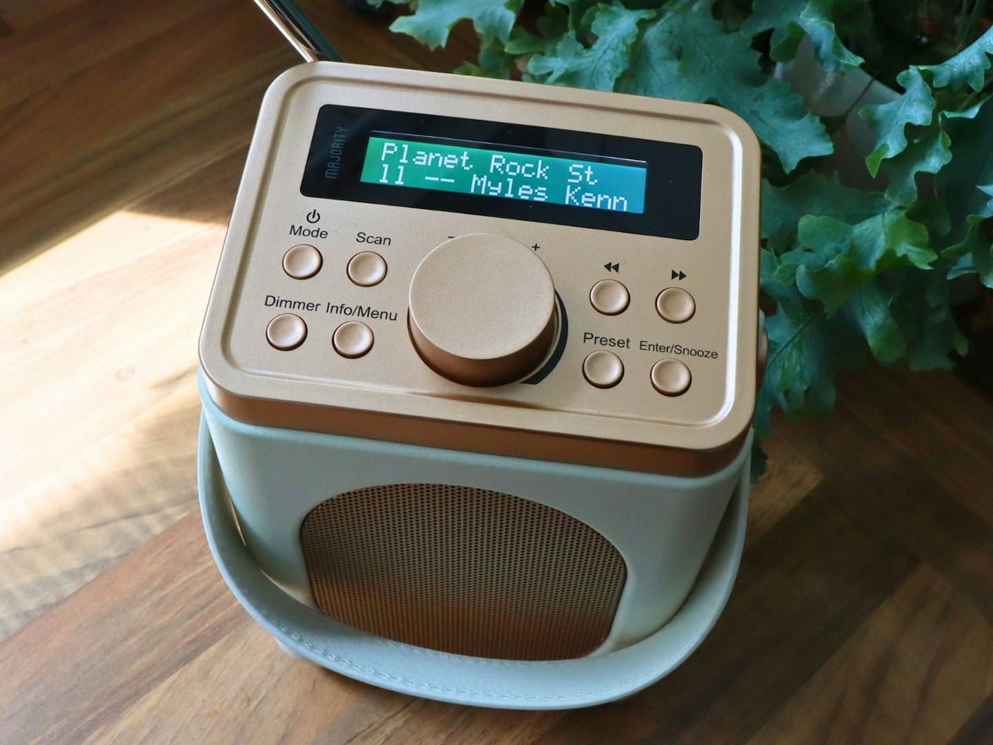 Majority little shelford radio on a worktop playing Planet Rock