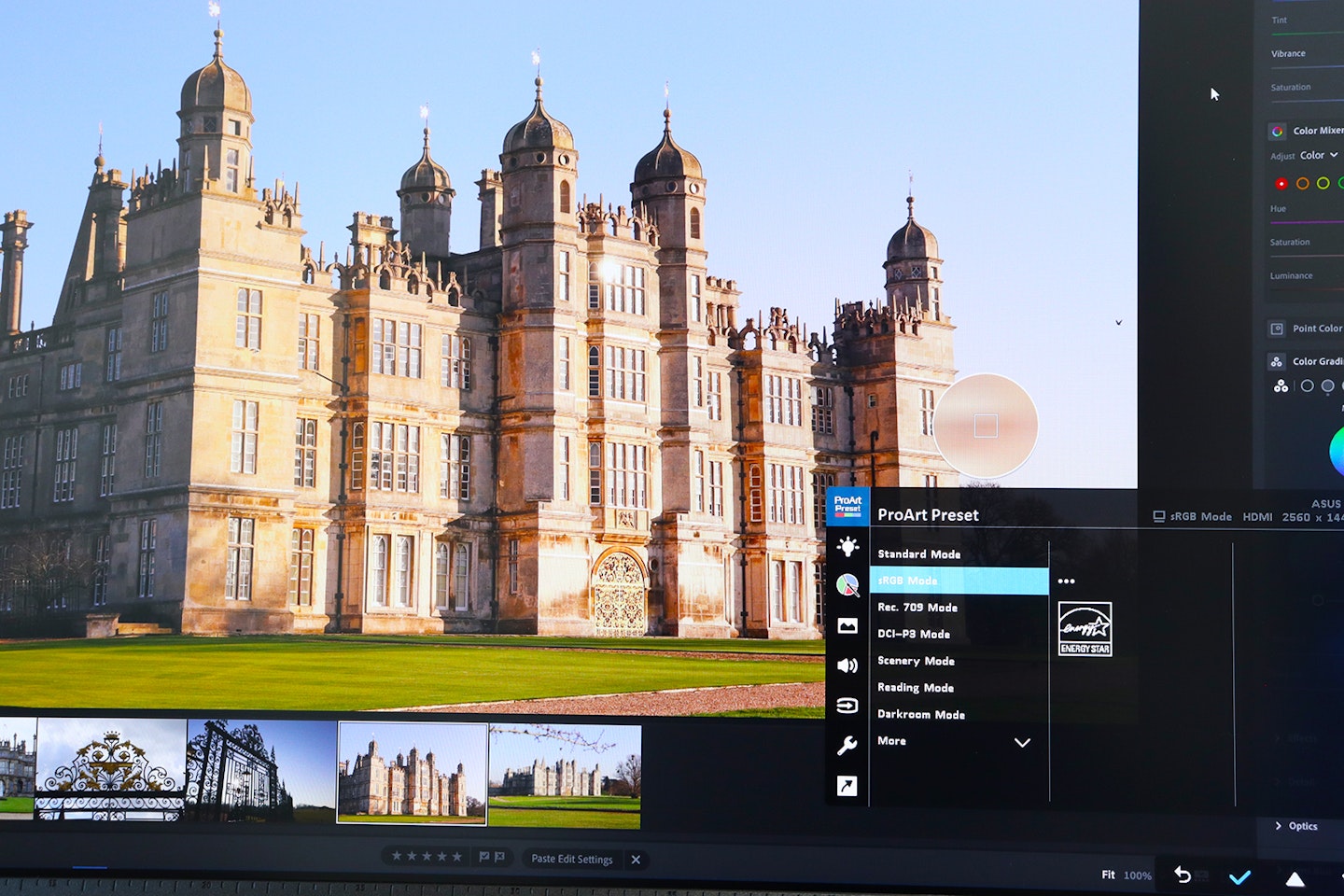 ASUS ProArt Display PA278QV monitor with photo of burghley house in Lightroom