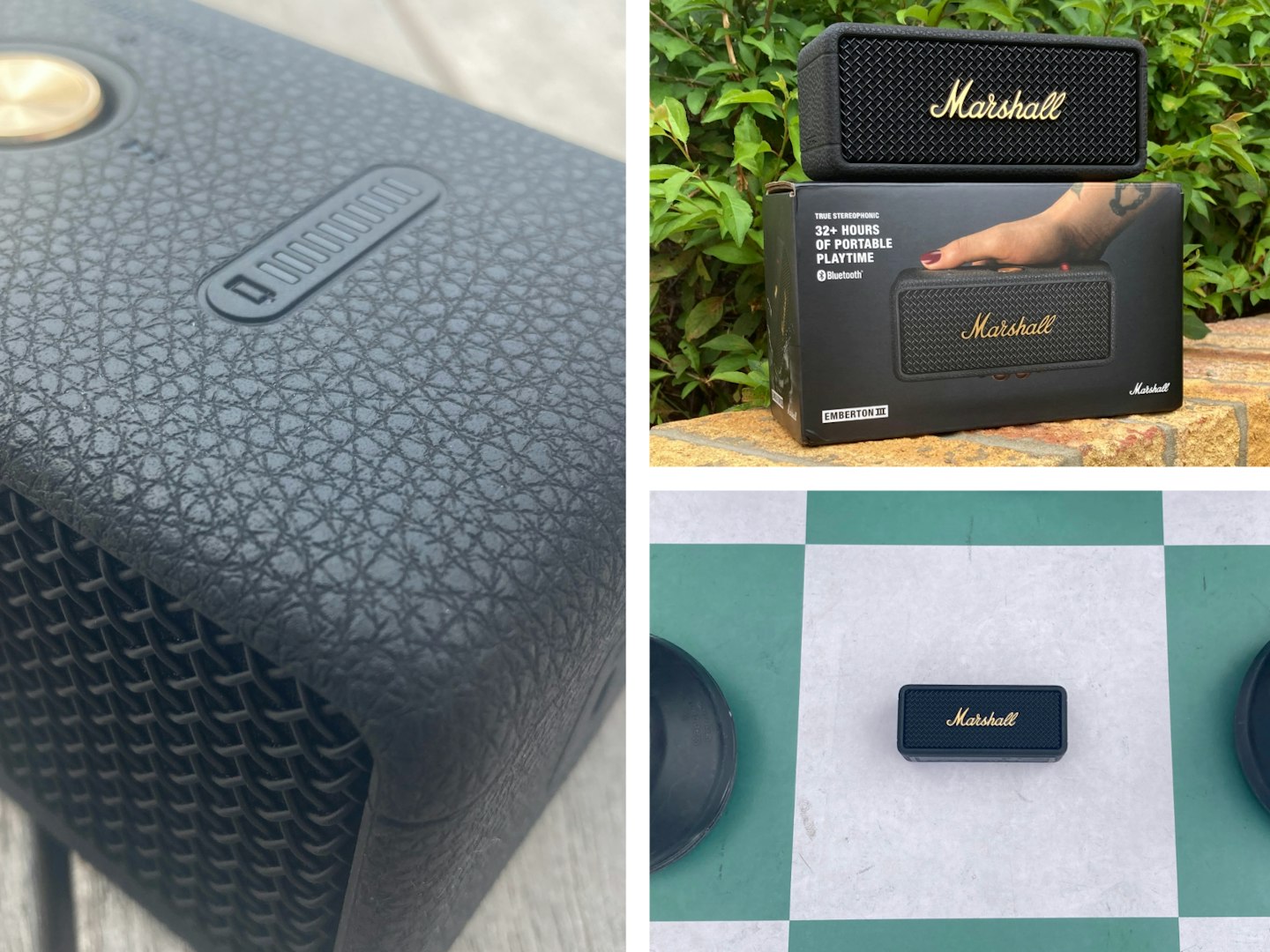 Marshall Emberton III portable bluetooth speaker three images top and front views and box