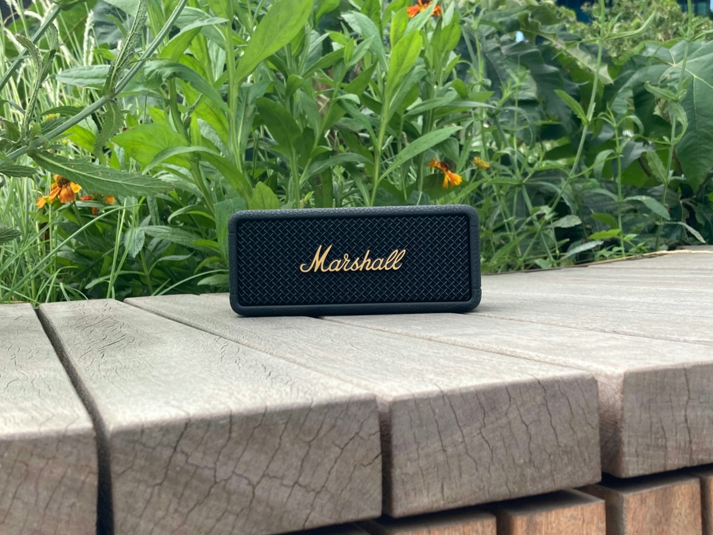 Marshall Emberton III portable bluetooth speaker front view with flowers in background