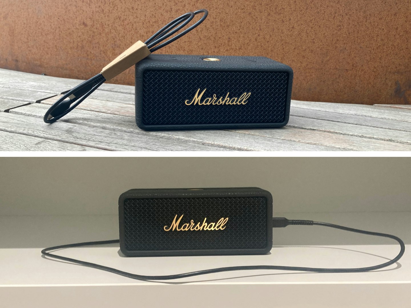 Marshall Emberton III portable bluetooth speaker two images with USB cable