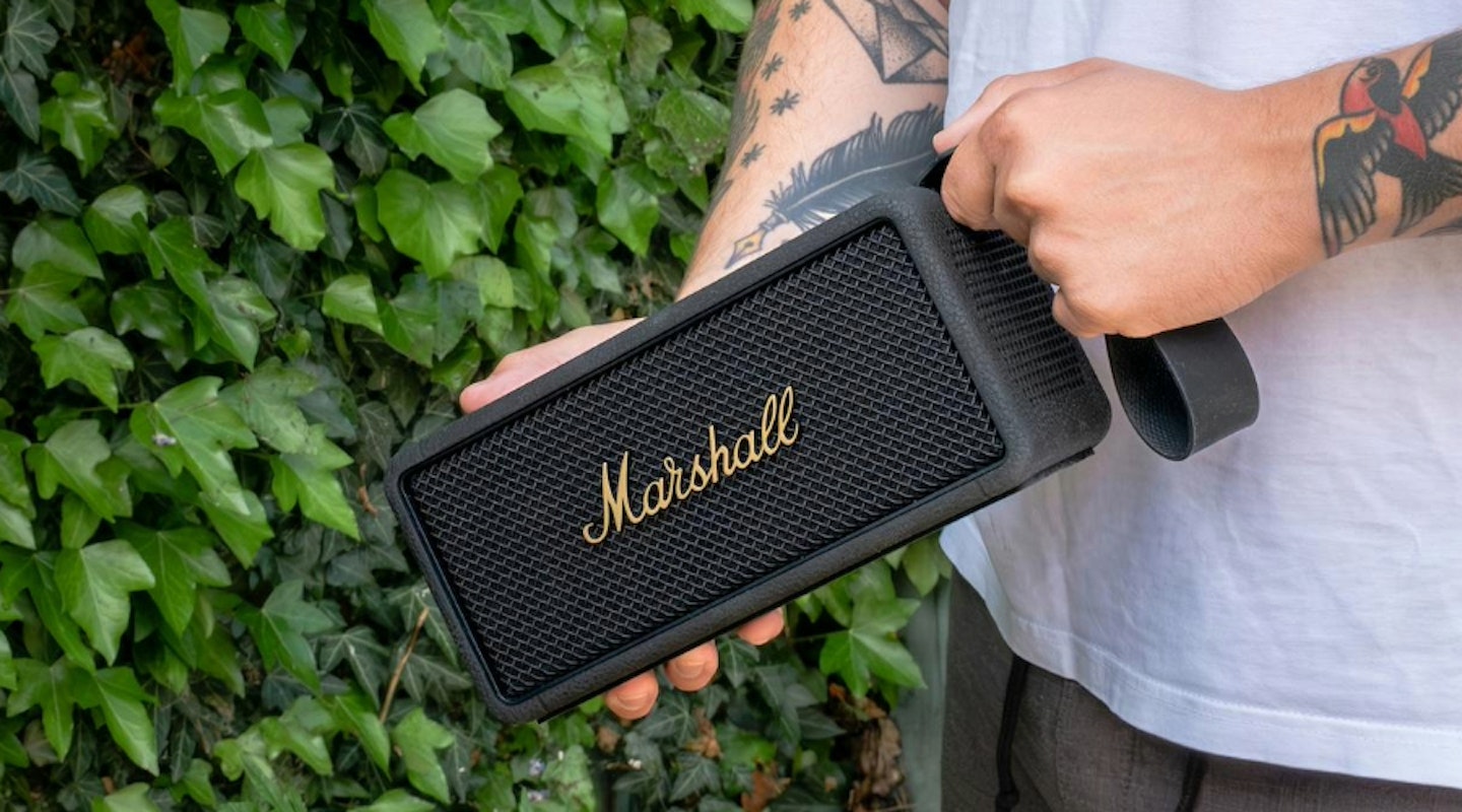 Marshall Middleton Bluetooth portable speaker. One of the best Marshall speakers being held by tech expert tester.