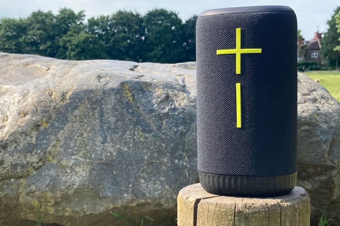 Ultimate Ears Everboom speaker. Outdoor Bluetooth speaker pictured in park. Alternatives to best Marshall speakers.