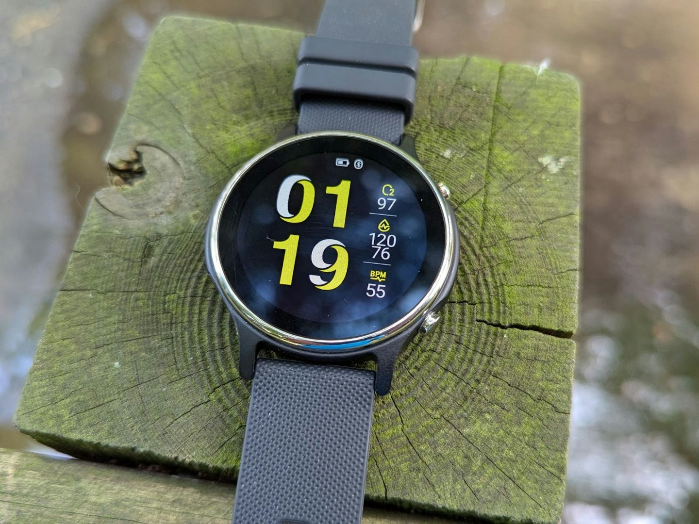 ASUS VivoWatch 6 on wooden post