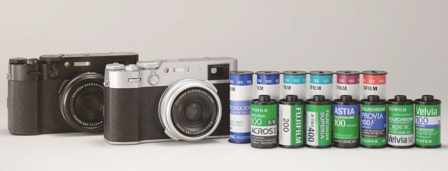 Fujifilm film and cameras in a line