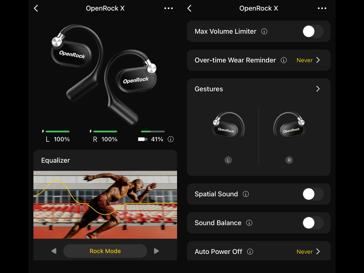 OpenRock X air conduction earbuds. OpenRock X Rock mode and settings