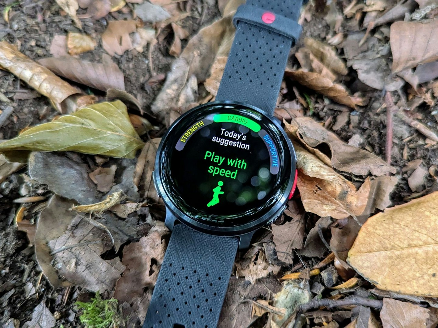 The Polar Vantage V3 lying on some leaves, displaying a suggested workout for the day