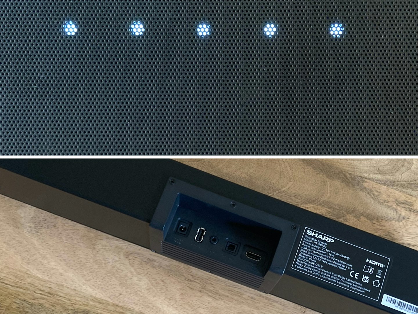 Sharp 2.0.2 Compact Dolby Atmos Soundbar HT-SB700. Close-up grille and ports