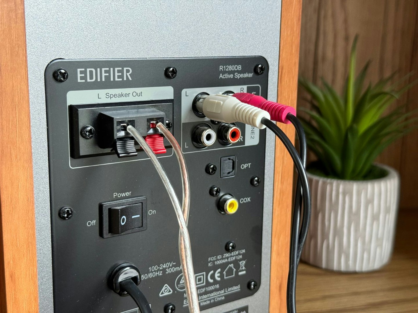 Edifier R1289DB Bookshelf speaker back side with connected Line-in wires next to a plant  - one of the best bookshelf speakers of 2025