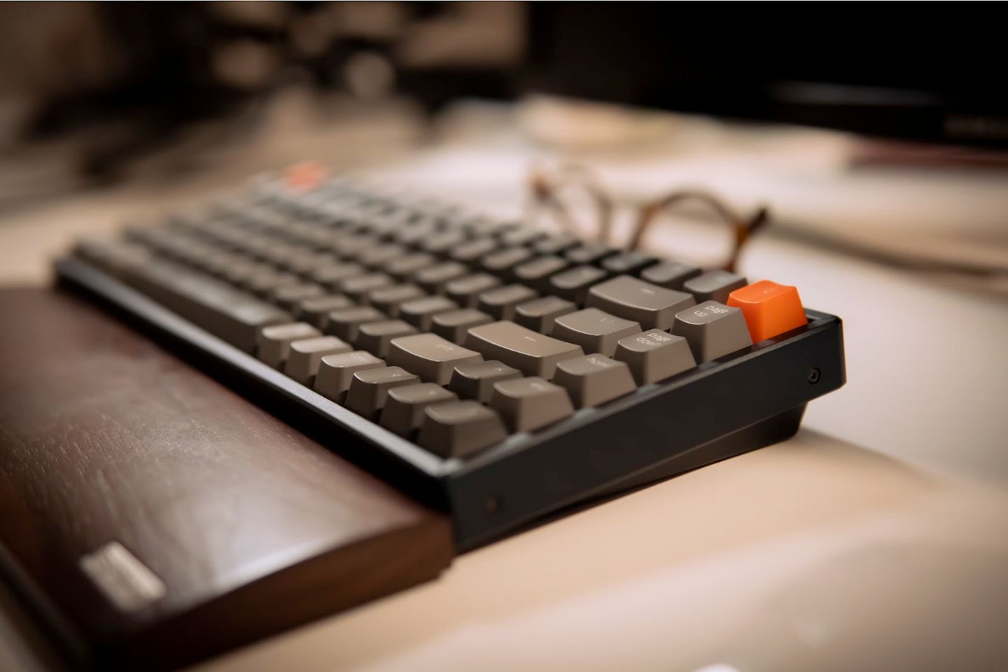 Wrist rest in front of a keyboard