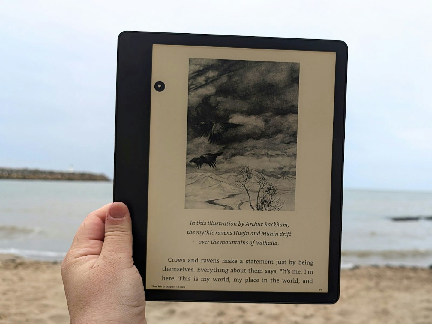 Kindle Scribe in hand at the beach