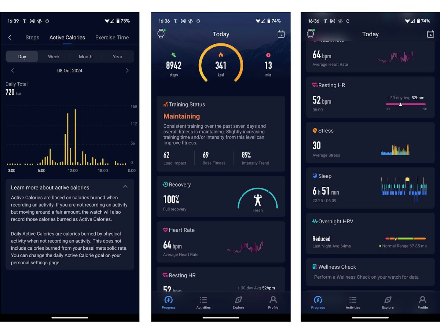 Screenshots of the Coros app