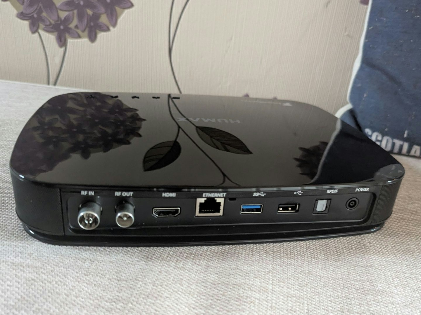 HUMAX Aura Android TV 4K Freeview Play Recorder with Google Assistant and Chromecast. One of the best Freeview boxes. Rear view showing ports.