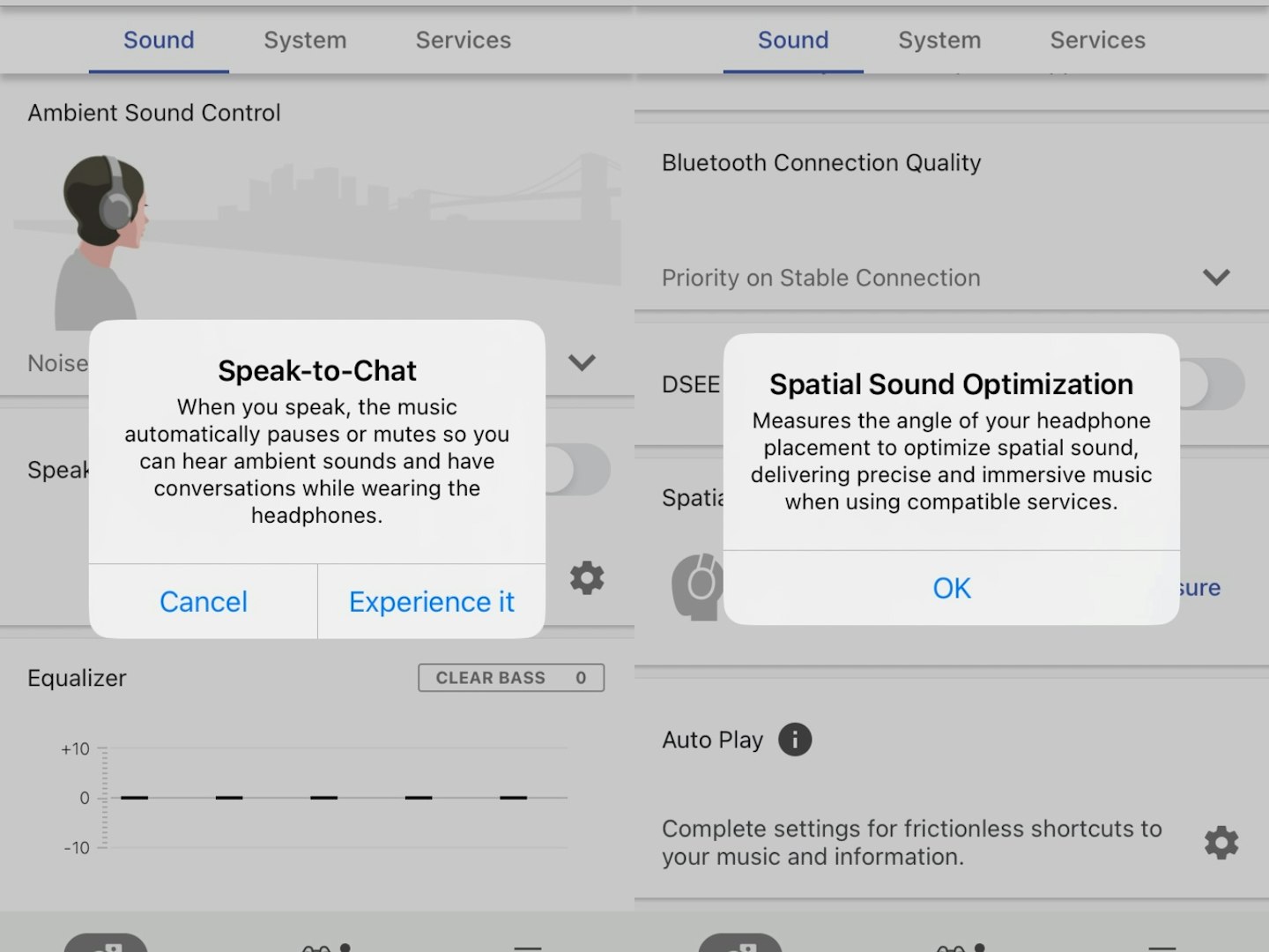 Sony WF-1000XM5 headphones. Sound Connect app options.