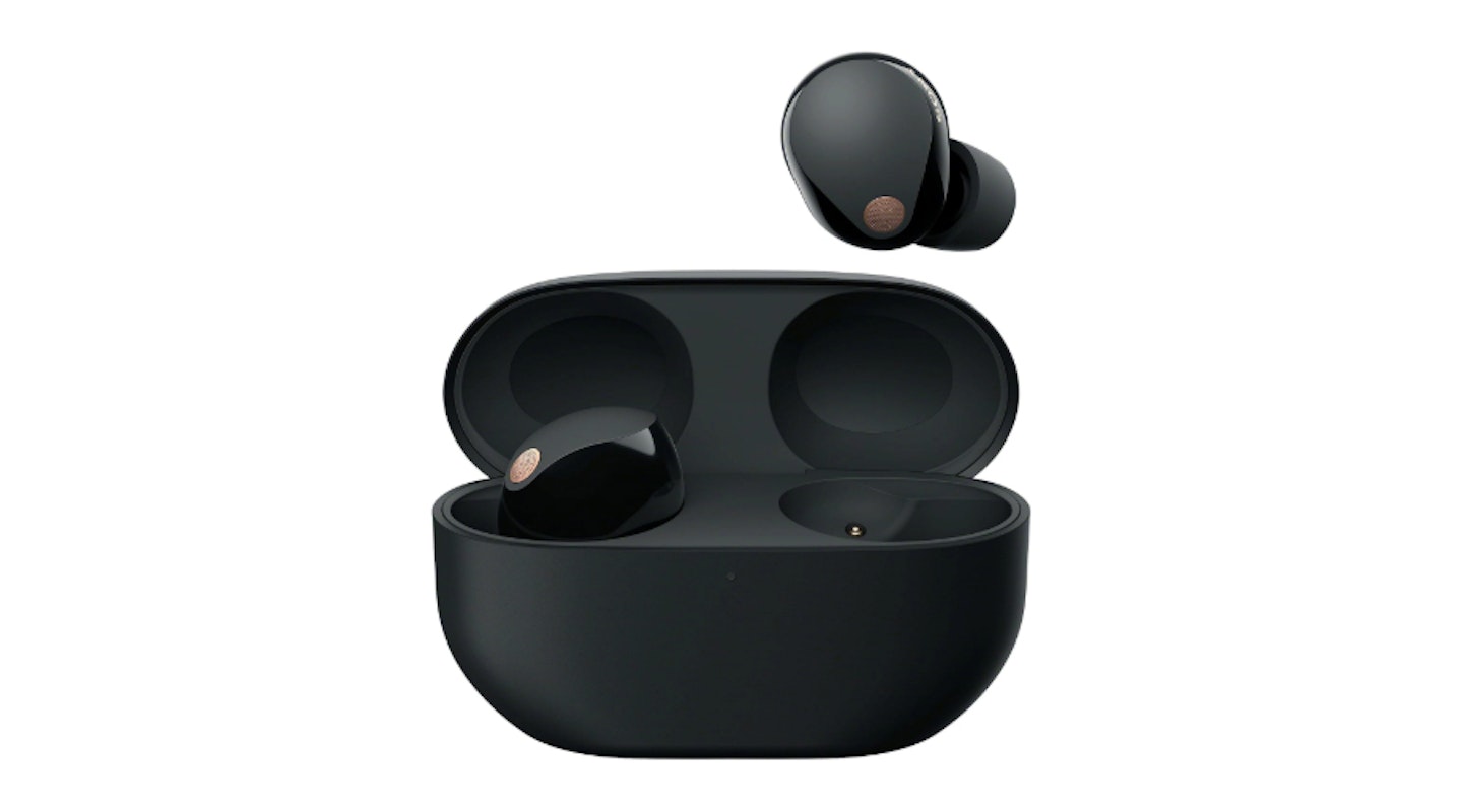 Sony WF-1000XM5 headphones. Wireless noise cancelling earbuds. Product image for review.
