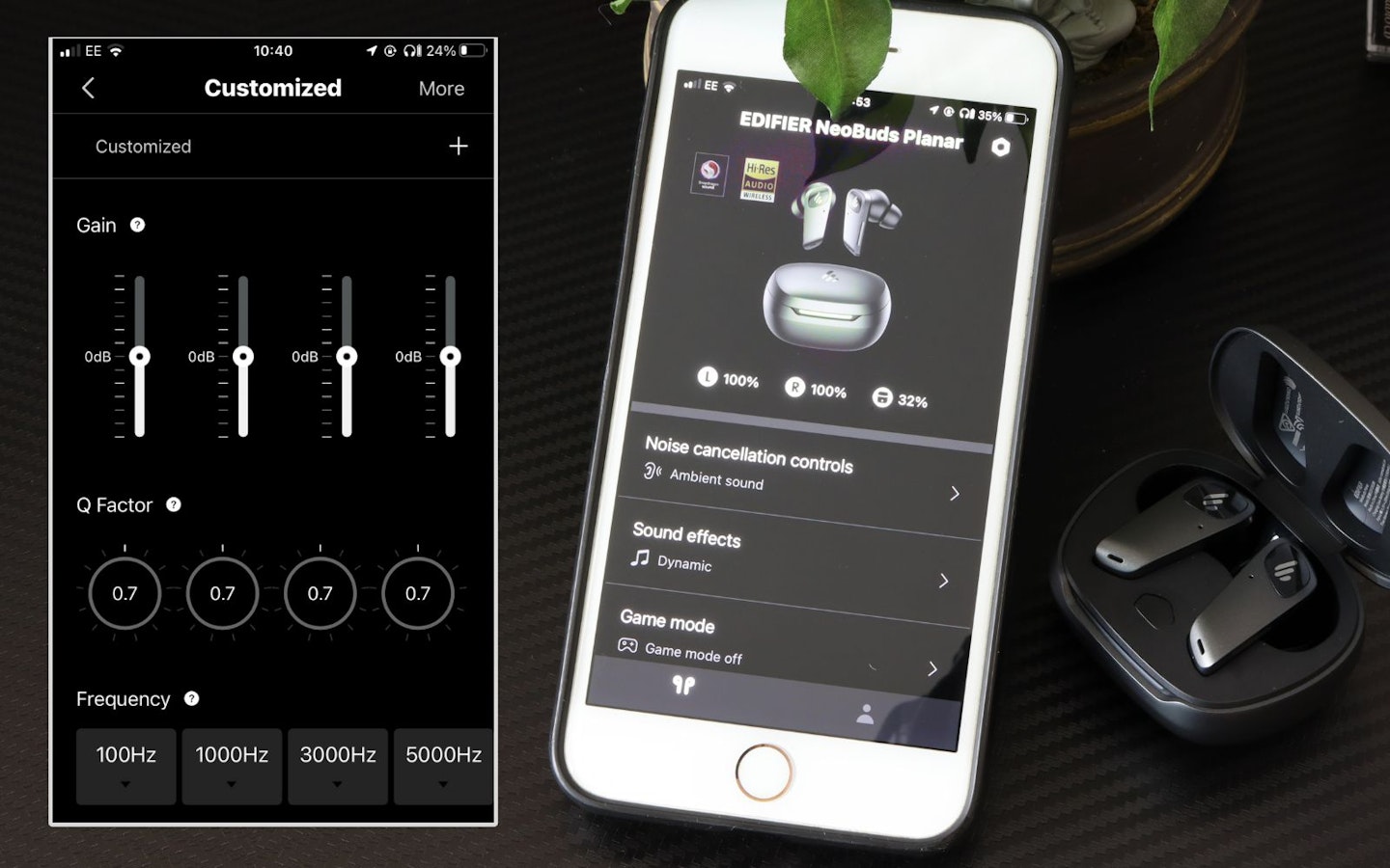 Edifier NeoBuds Planar earbuds and Edifier ConneX app on an iphone
