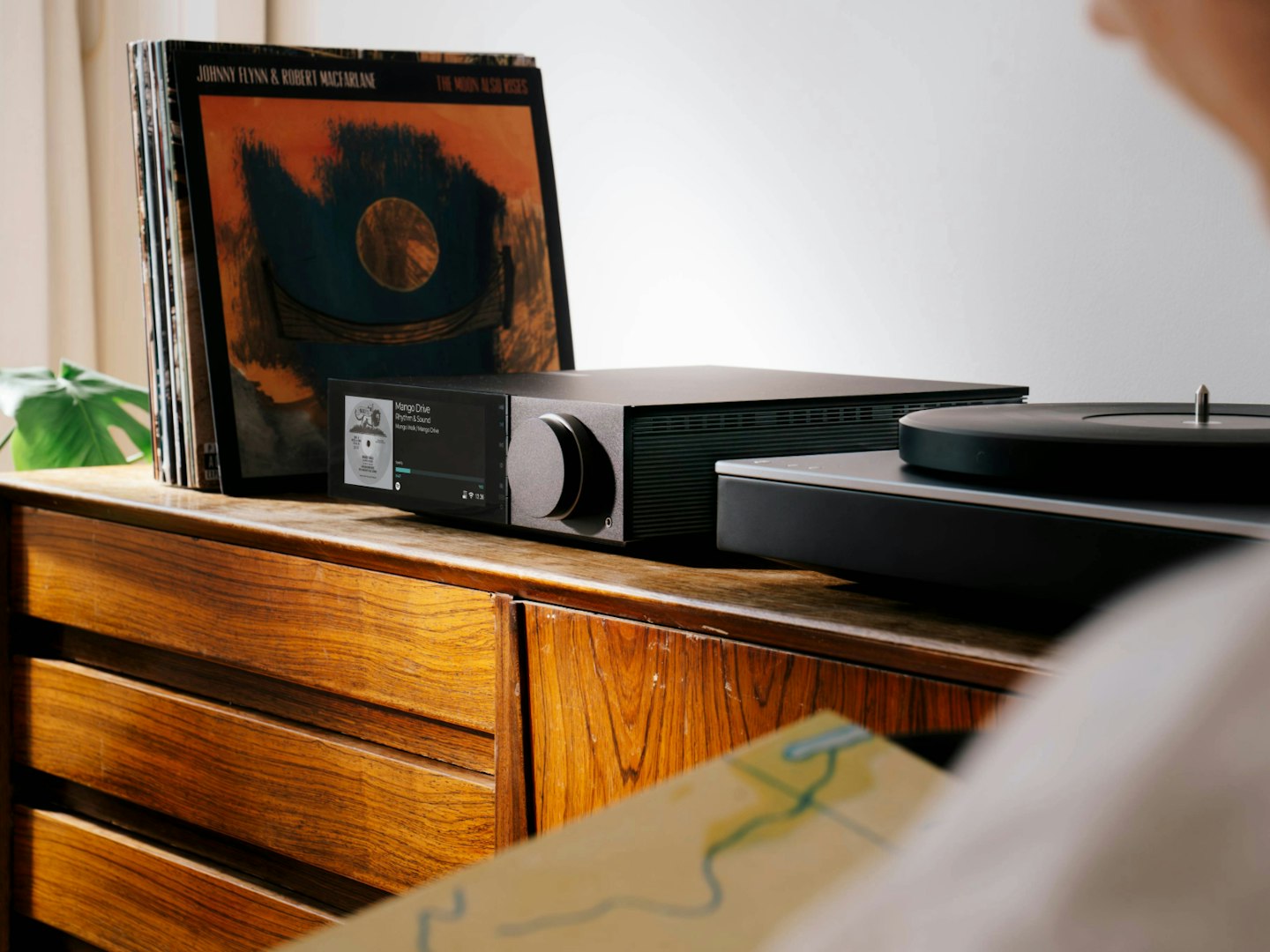 Cambridge Audio Evo 150 SE speaker with records on sideboard