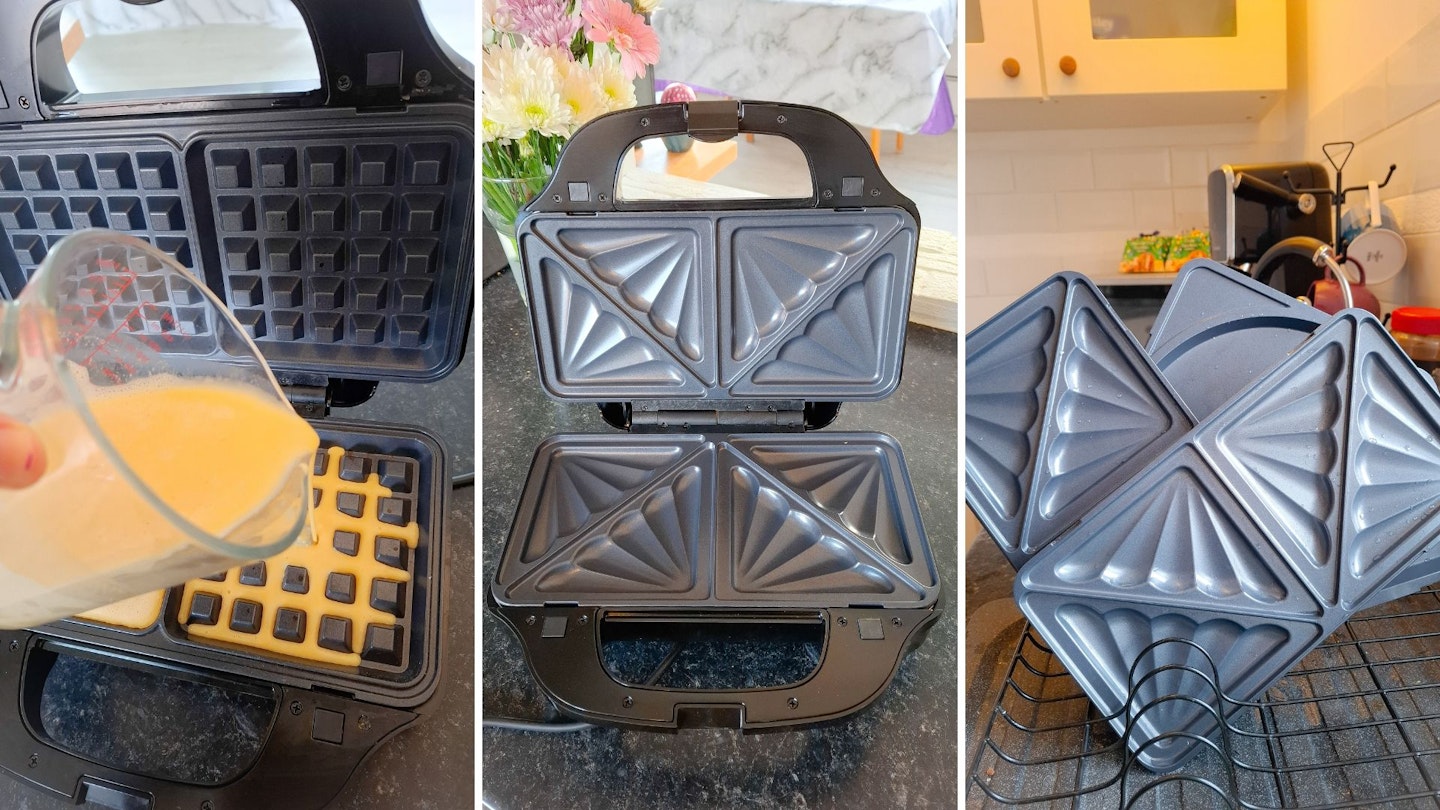 Three photos of the Salter 4-in-1 snack maker, showing the waffle plate, toastie plates and all the plates air drying on a draining board.