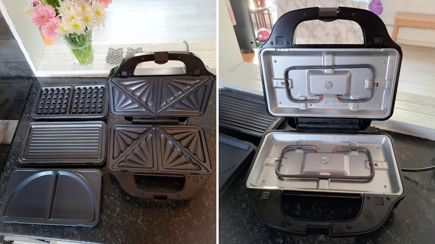 Two photos showing the Salter EK2143FOUR XL 4-in-1 Snack Maker plates and heating elements