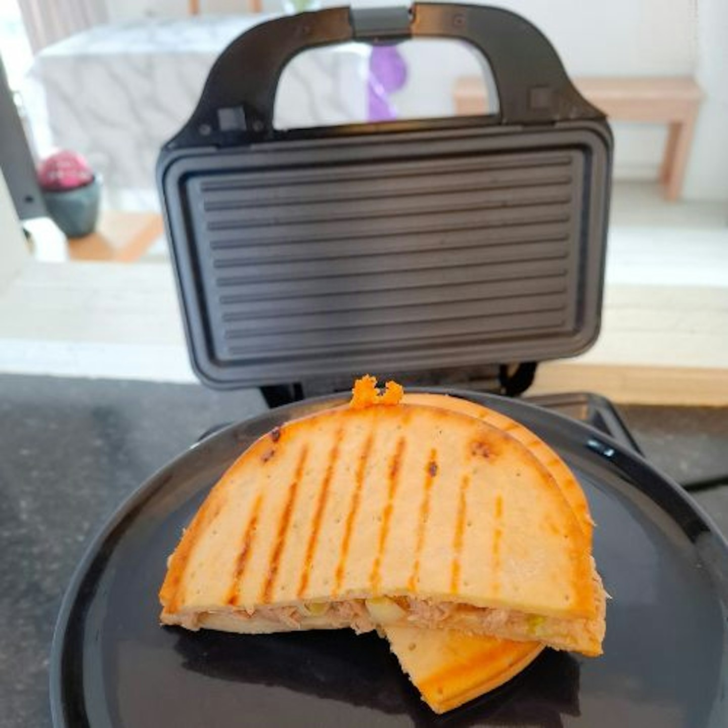 A tuna melt grilled sandwich made in the Salter snack maker with the panini plate