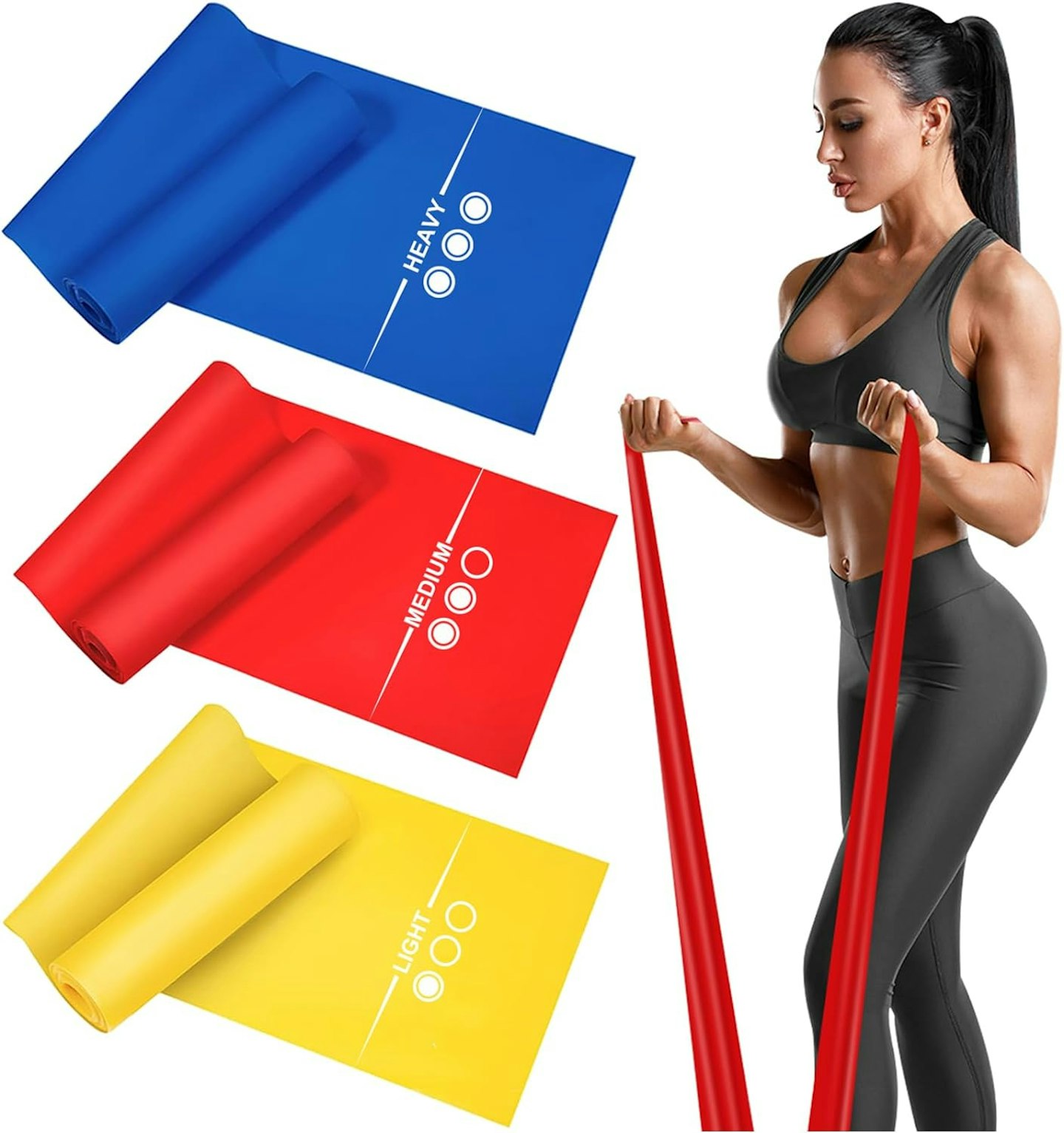 three resistance bands in red, blue and yellow