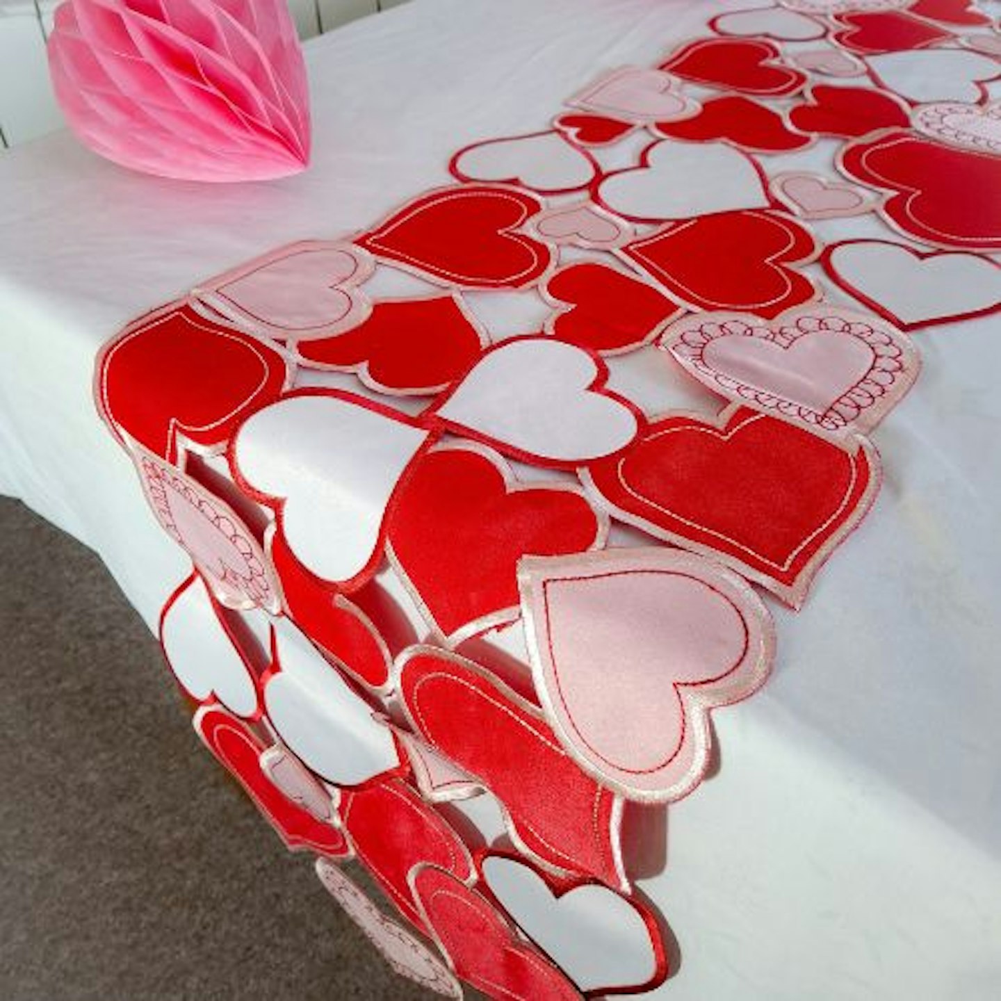 Simhomsen Embroidered Love Heart Table Runner on a white table cloth