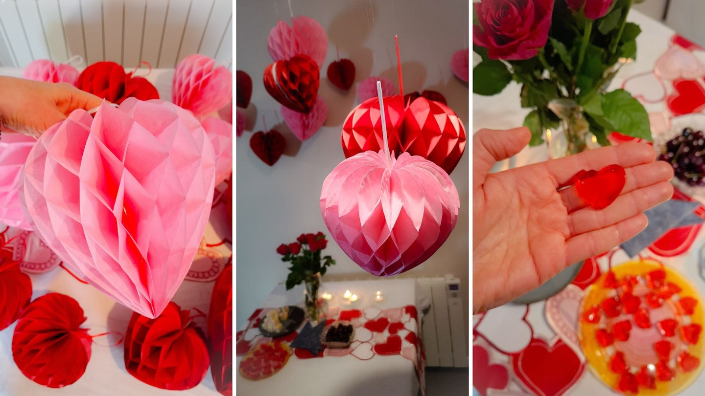 three photos of paper Valentine's Day heart decorations and a romantic table with heart-shaped jellies, roses and candles