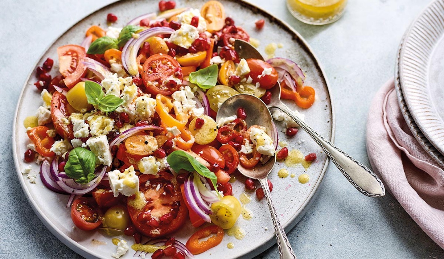 Tomato, onion, pomegranate summer salad