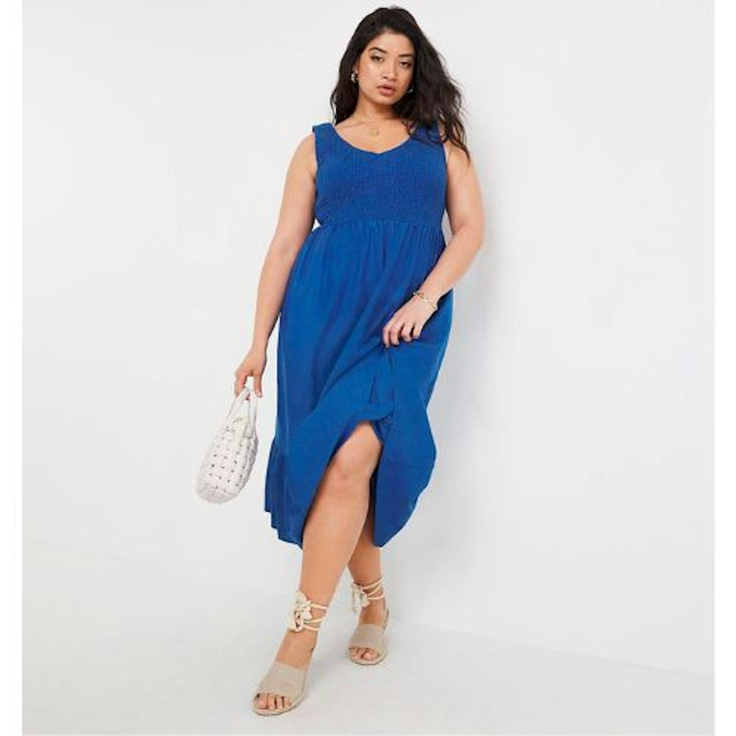 Blue Shirred Linen Midi Dress