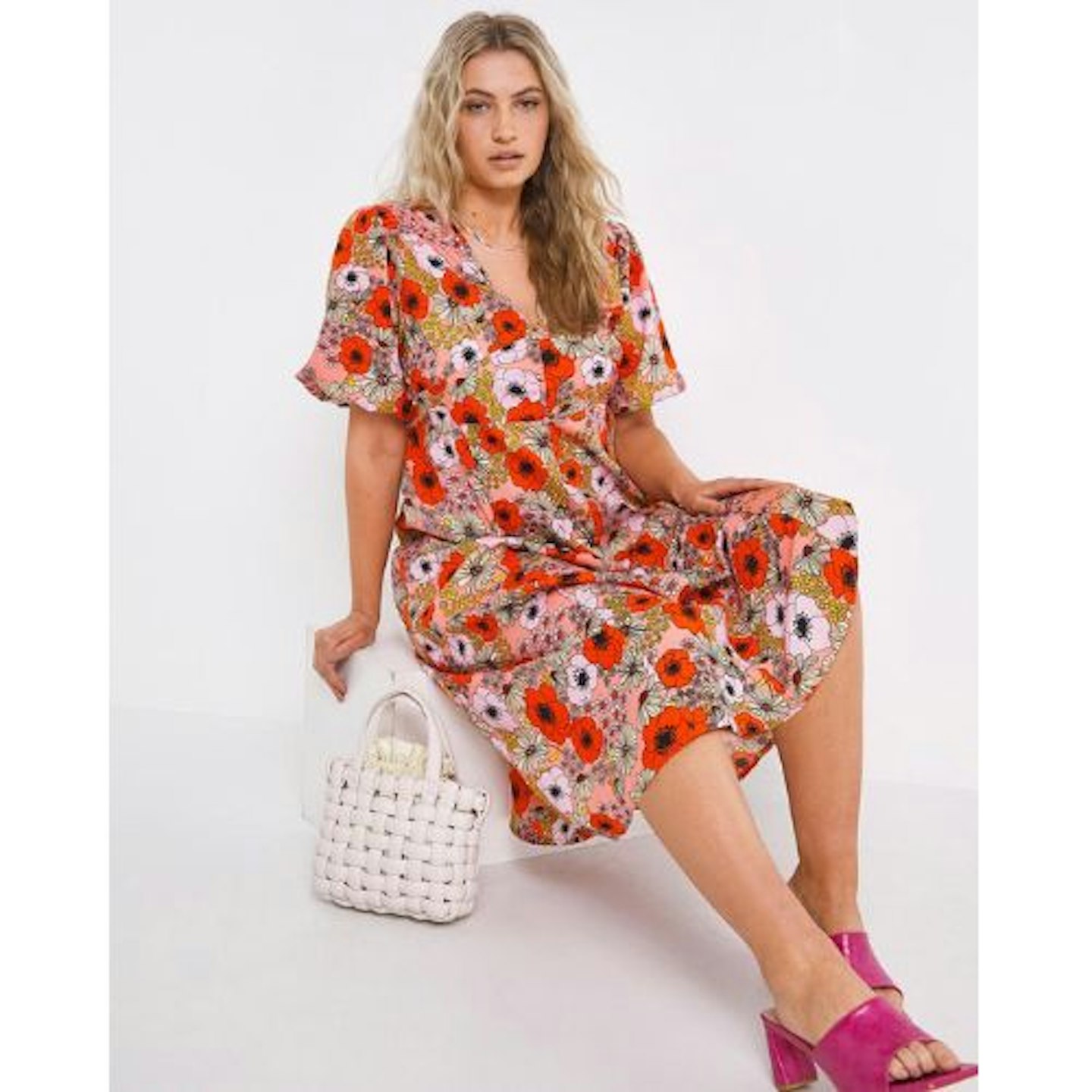 Retro Floral Print Button Through Puff Sleeve Tea Midi Dress