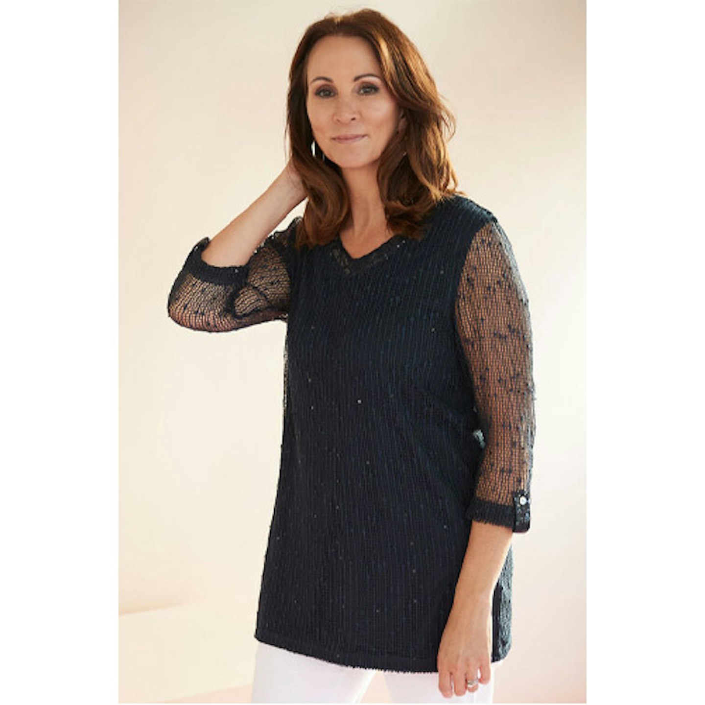 Crochet Woven Hem Top With Sequin Neck Trim