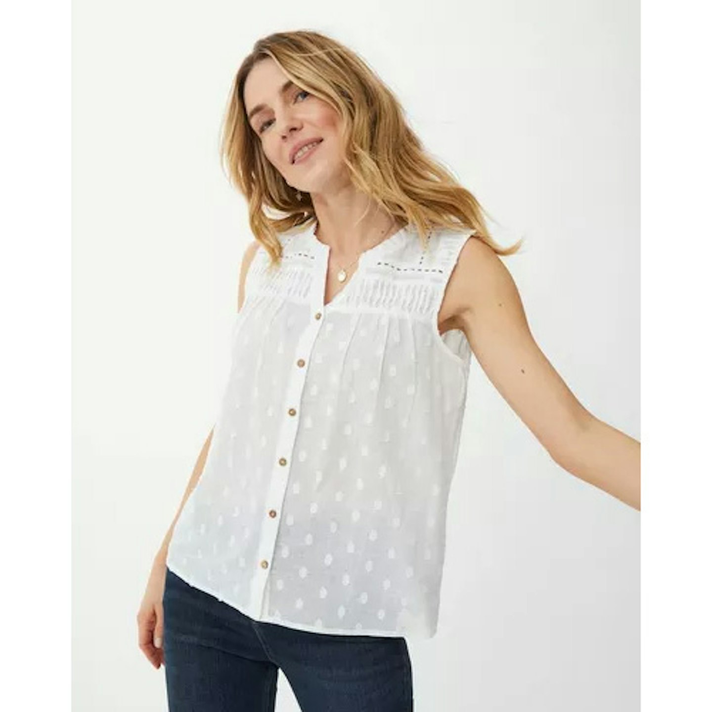 Sleeveless Swiss Dot Dobby Ruffle Neck Top