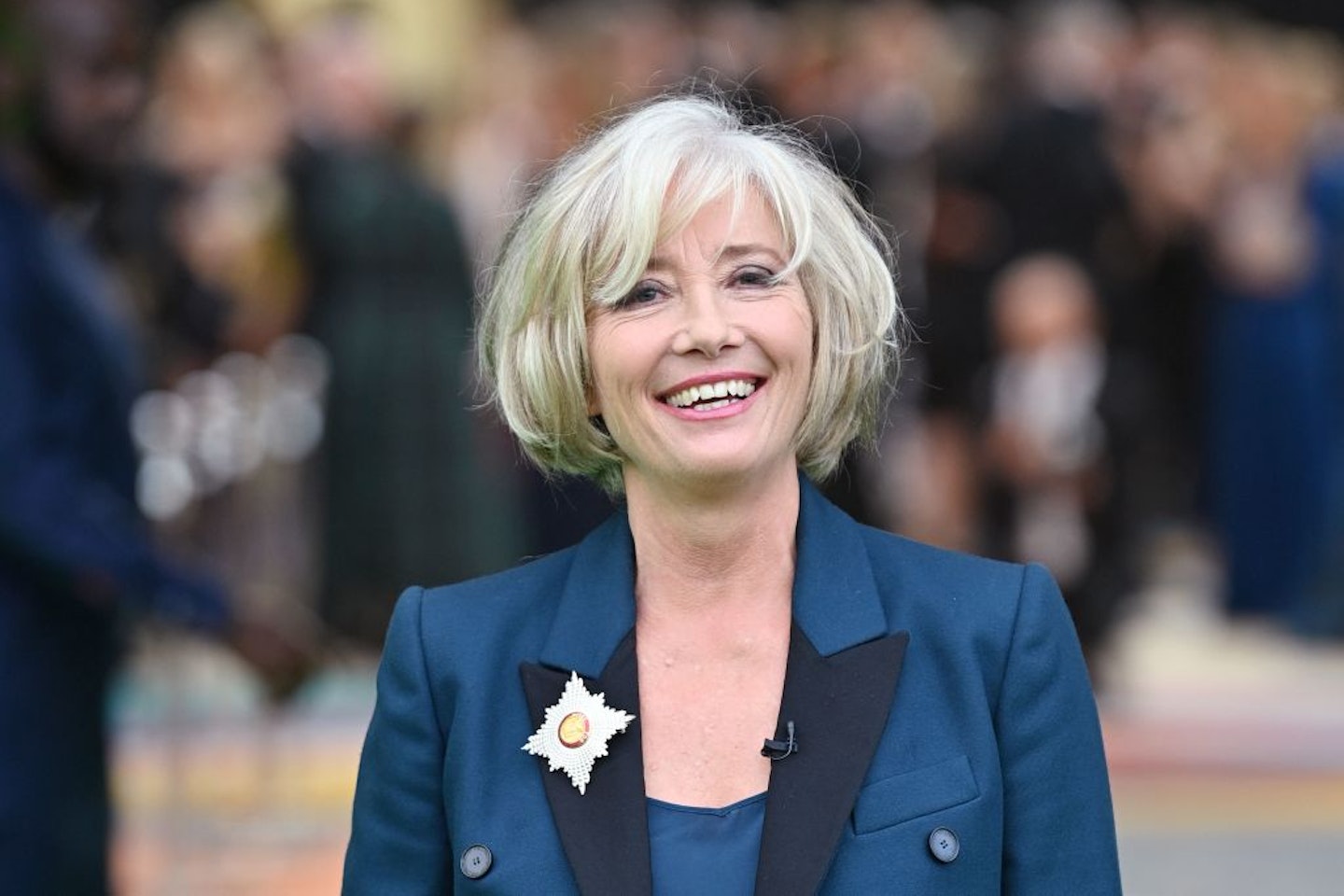 Emma Thompson's straight hair styled short with bangs