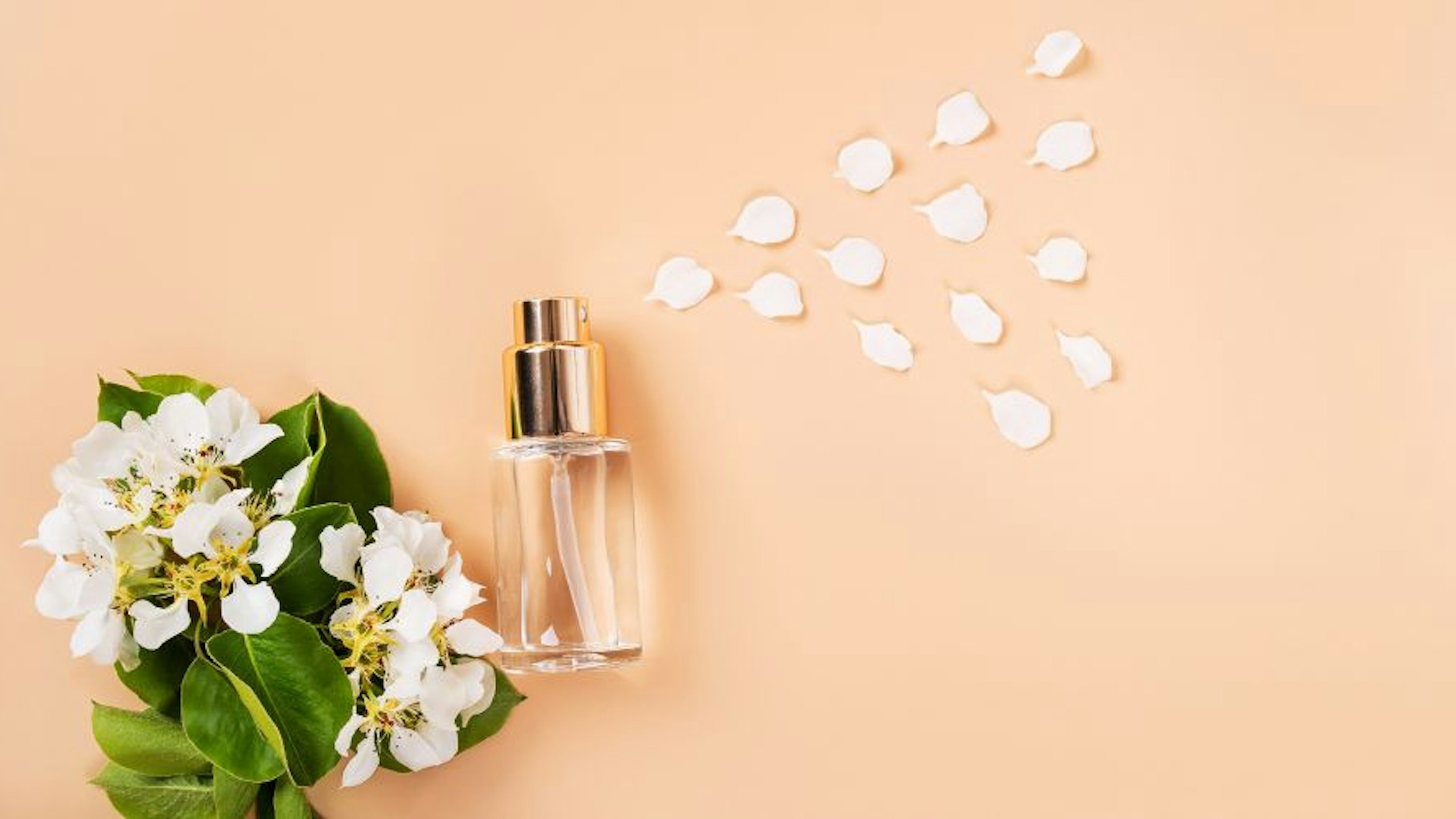 A perfume bottle against a bunch of flowers and petals
