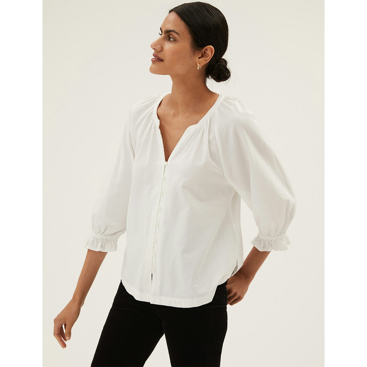 Pure Cotton V-Neck 3/4 Sleeve Blouse