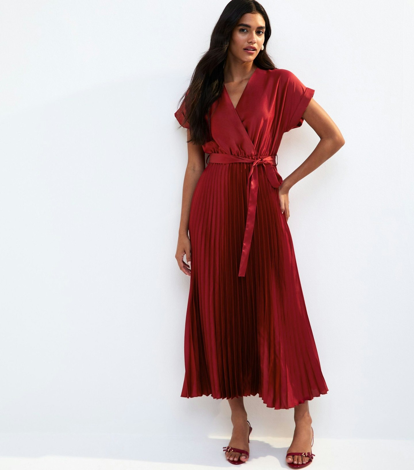 New Look Satin Pleated Skirt Wrap Dress