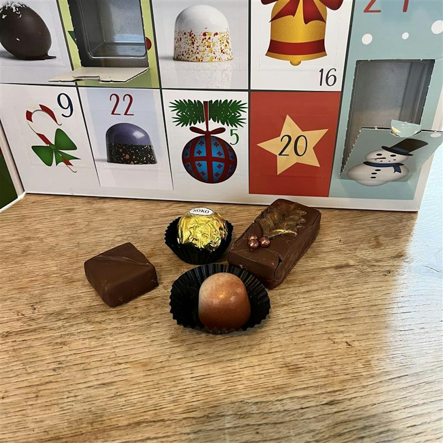 Soko chocolates inside the advent calendar 