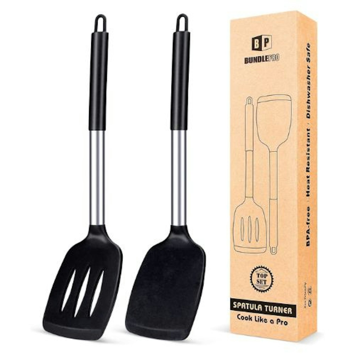 Pack of 2 Silicone Solid Turner Non-Stick Slotted Kitchen Spatulas
