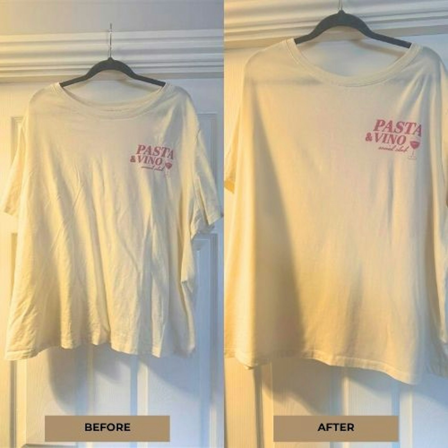 Tried & Tested by Rosie Floyd for Yours.co.uk: A before and after of a t-shirt steamed by the Tefal AeroSteam DT9810 Handheld Clothes Steamer