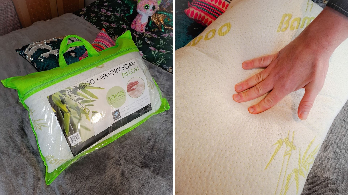 Medium Support Bamboo Memory Foam Pillow in its packaging. Side by side with photo of fingers touching the pillow to demonstrate its firmness.